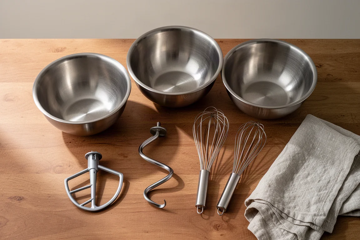 Three stand mixers lined up on a kitchen counter with mixing bowls and attachments