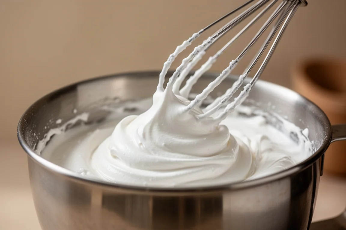 Whipped cream reaching stiff peaks in a metal mixing bowl
