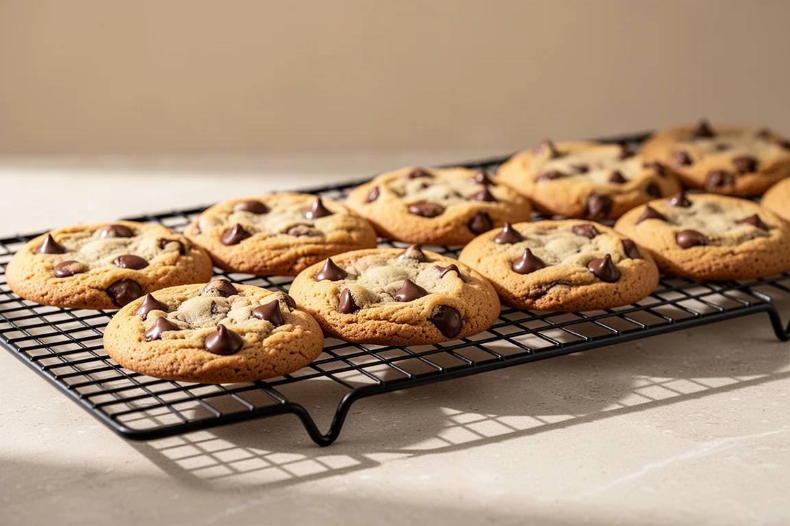 Freshly baked chocolate chip cookies cooling on a wire rack