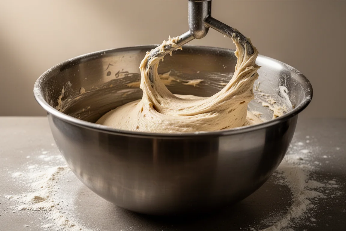 Thick pizza dough being kneaded in a large metal mixing bowl