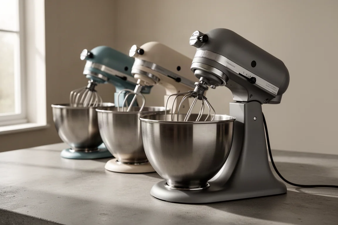 Three KitchenAid-style stand mixers lined up on a concrete kitchen counter