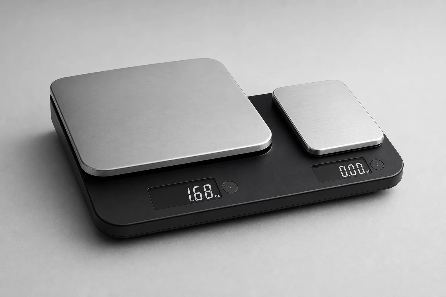 Seven kitchen scales arranged on concrete surface, ranging from budget to premium models