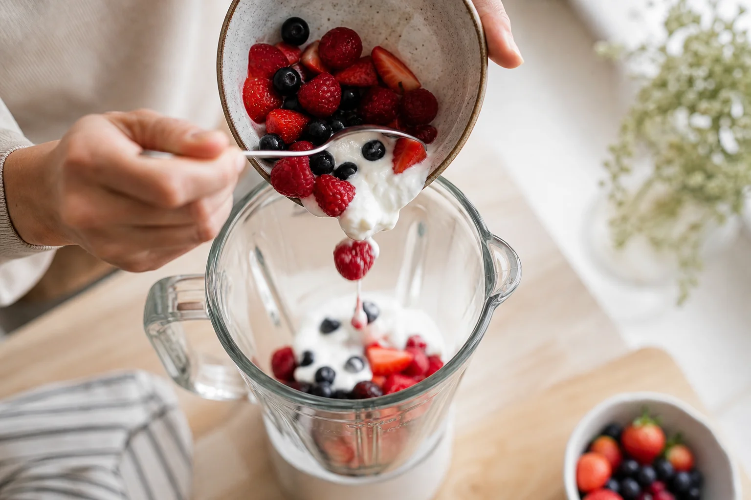 Mains versant des baies fraîches et du yaourt dans le bol d'un blender