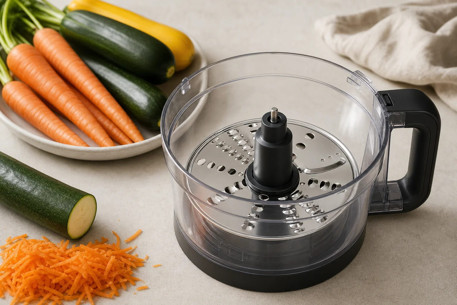 Bol de robot culinaire avec disque à râper et légumes frais à proximité