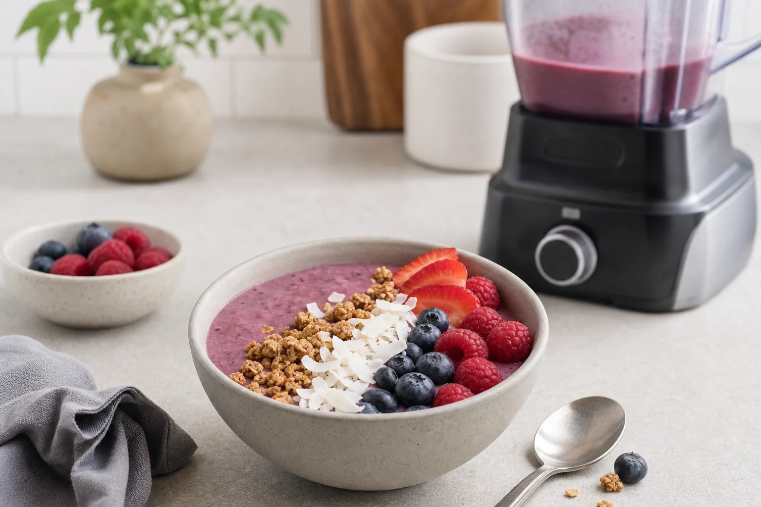 Bol de smoothie garni de granola et de fruits frais sur un comptoir de cuisine