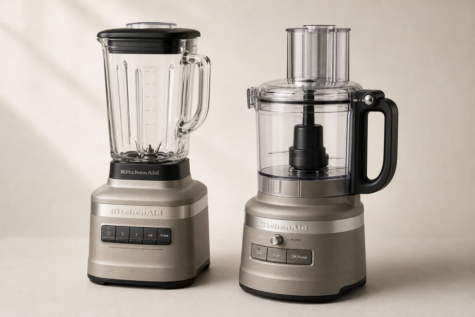 KitchenAid K-150 blender och KitchenAid 7 Cup Food Processor sida vid sida på en neutral bakgrund
