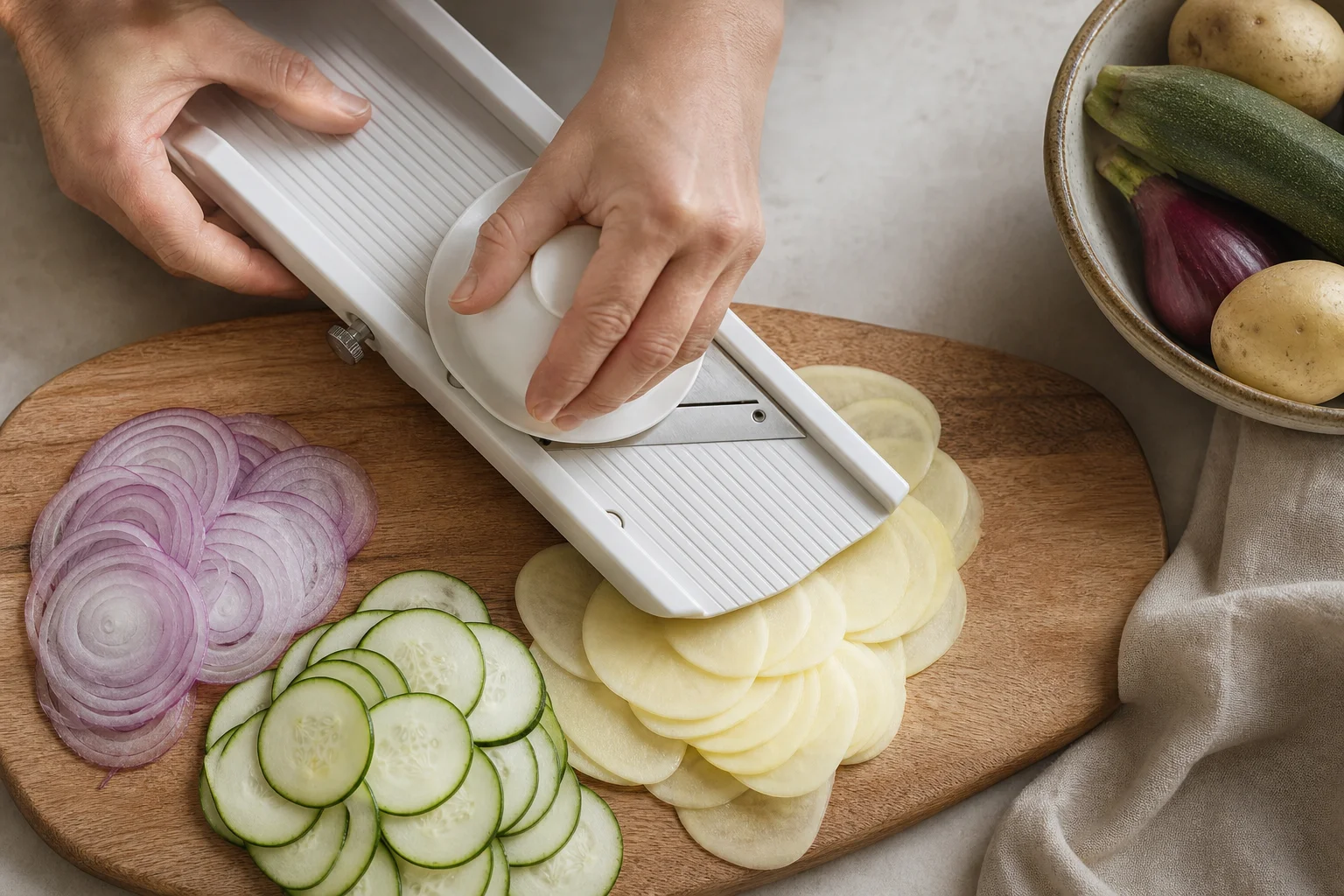 Hands slicing fresh vegetables on a mandoline slicer over a cutting board