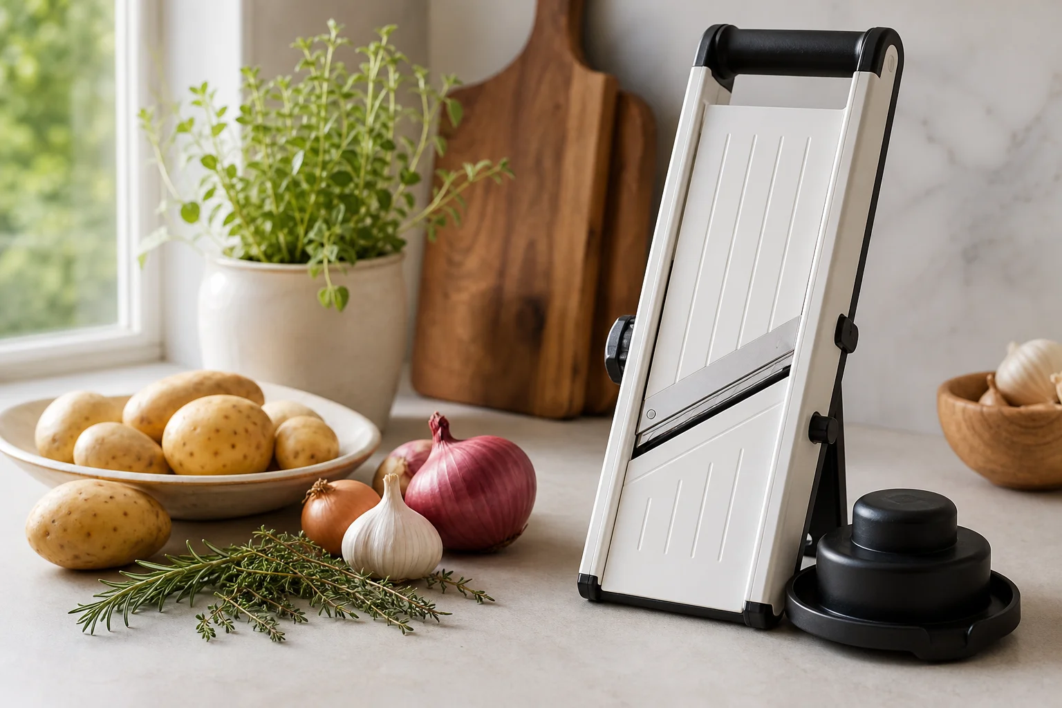 Kitchen counter with fresh produce and a clean mandoline slicer ready for use