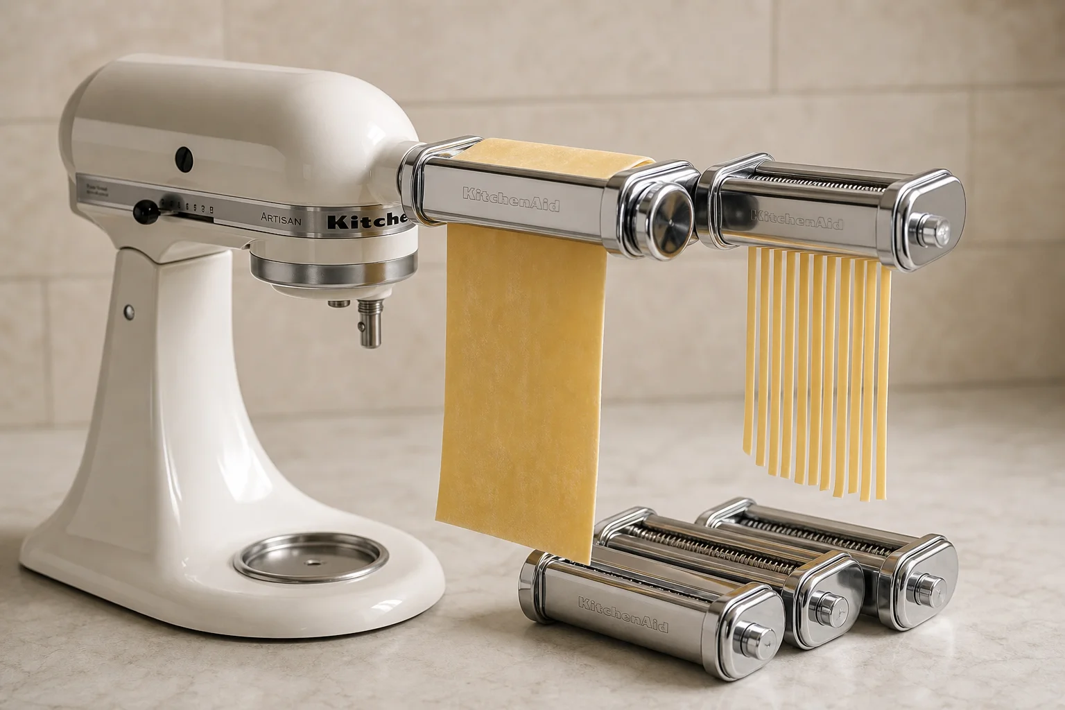 Five pasta makers arranged on wood surface including hand-crank and powered models