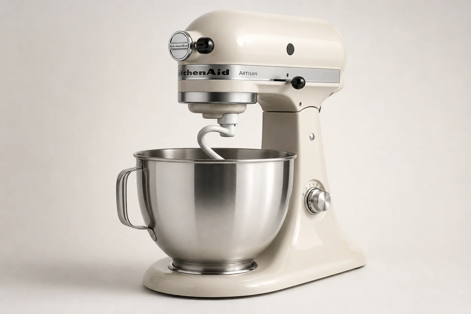 Fyra köksassistenter uppställda på en träyta: KitchenAid, Bosch, Ankarsrum och Ooni Halo Pro