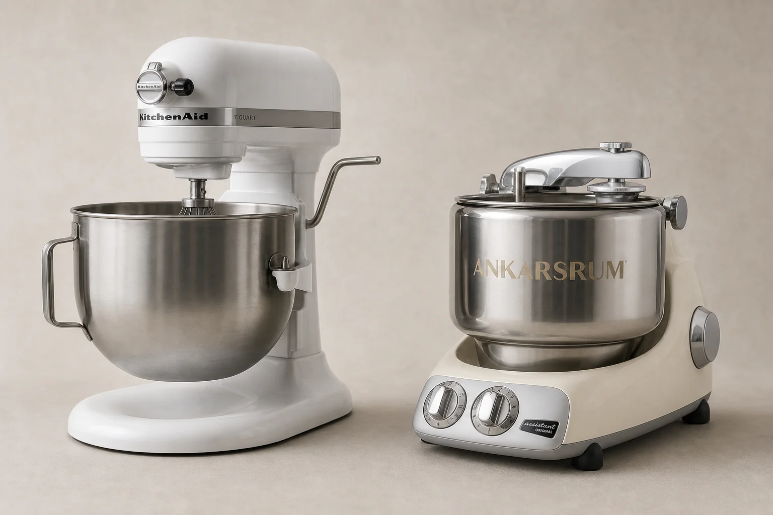 Köksmaskinerna KitchenAid Seven Quart och Ankarsrum Original 6230 sida vid sida