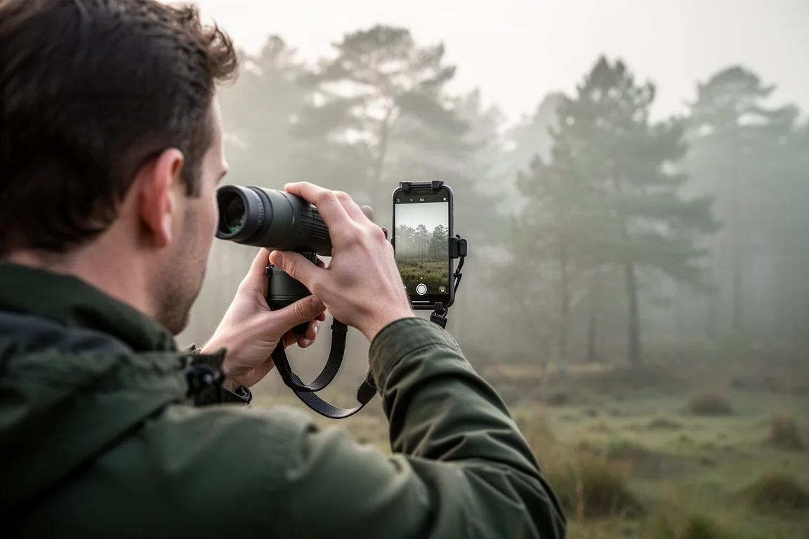 Vogelbeobachter hält ein kleines Monokular vor ein Smartphone in einem Naturschutzgebiet