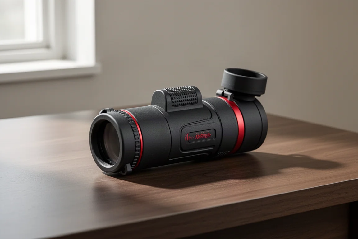 Monocular estabilizado compacto negro con detalles rojos sobre un escritorio de madera