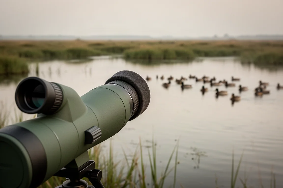 Vista por telescopio terrestre manual de aves acuáticas en agua tranquila con encuadre estable
