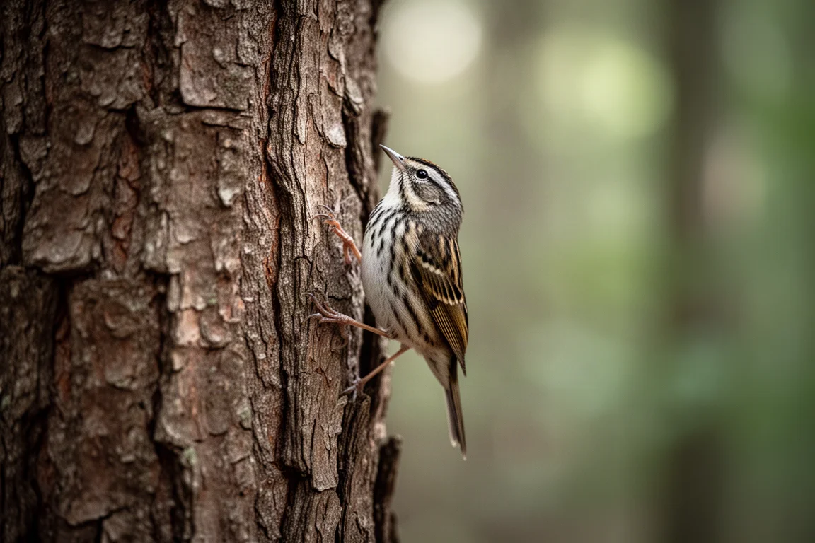 Un agateador americano trepando por un tronco en una suave luz de bosque
