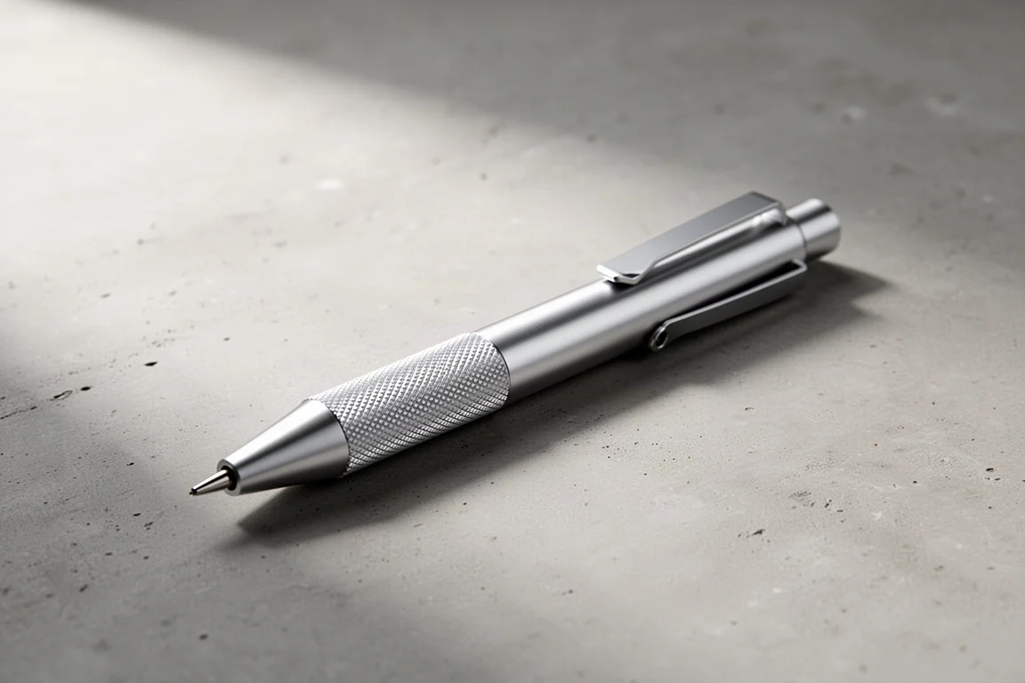 Silver metal mechanical pencil with knurled grip on a concrete surface