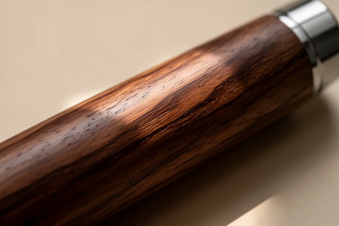 Primo piano della venatura del legno di noce sulla canna di una matita in legno