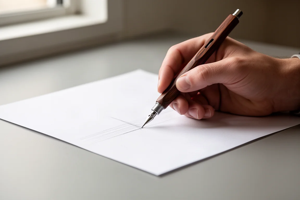 Mano che scrive con una matita meccanica in legno su carta bianca