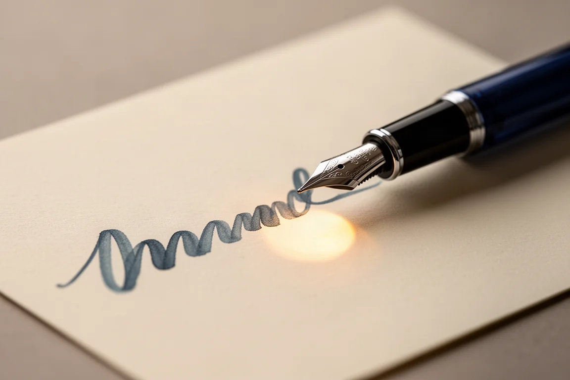 Wieczne pióro piszące miękkim niebieskim tuszem na kremowym papierze w delikatnym wieczornym świetle