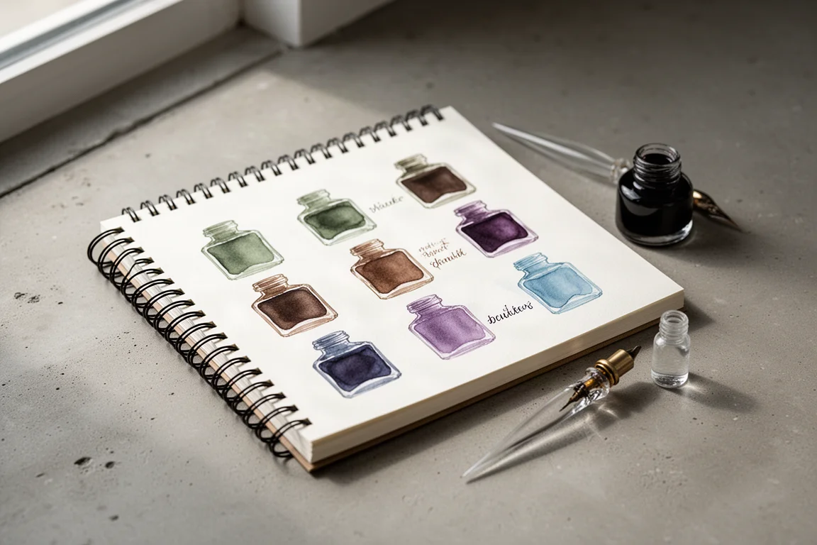 Open ink swatch book with muted ink swatches beside a glass dip pen and sample vial