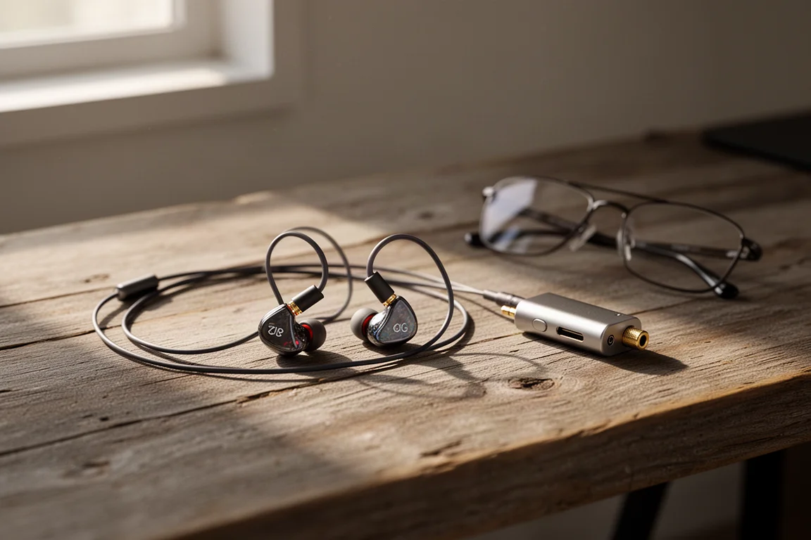In-ear monitors with a dark cable on a wooden desk beside a small headphone adapter