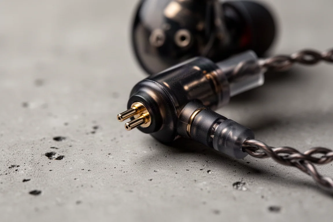 Macro detail of a two-pin in-ear monitor connector showing metal pins and cable