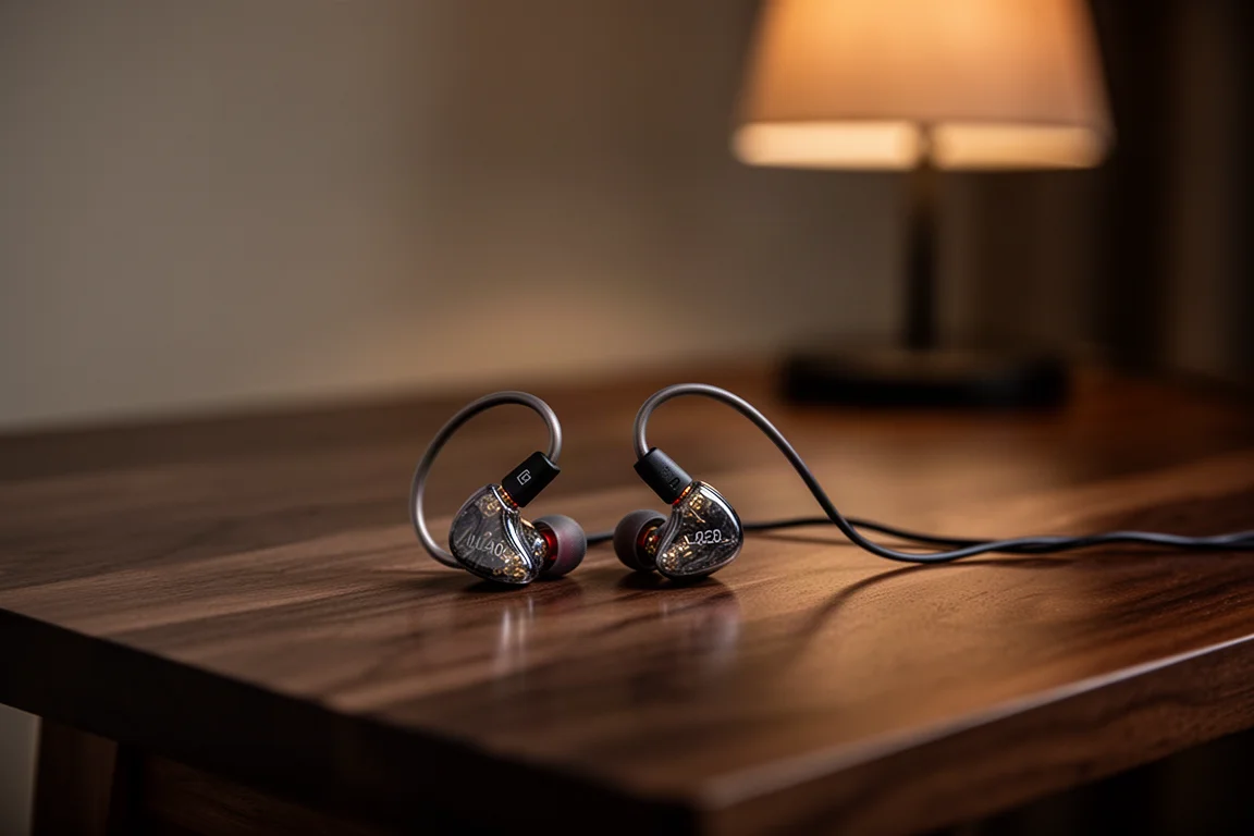 In-ear monitors resting on a dark wooden table in a softly lit room