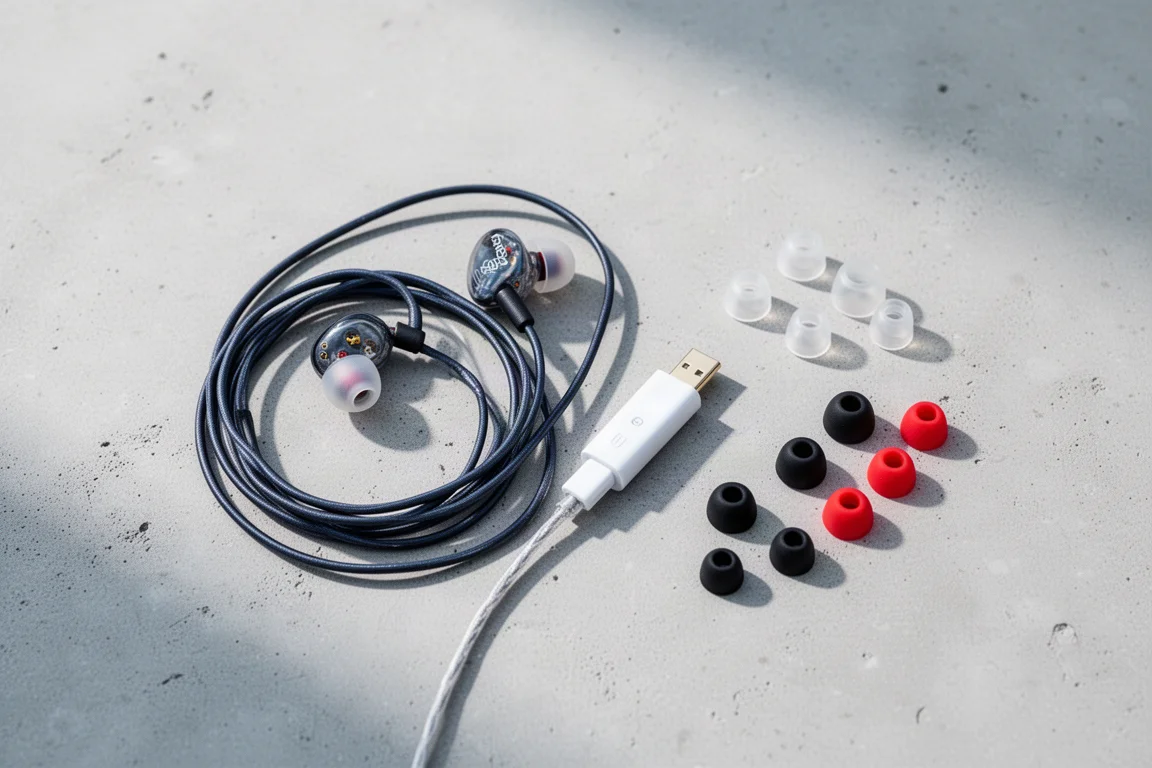 Flat-lay of in-ear monitors, coiled cable, dongle adapter and silicone ear tips