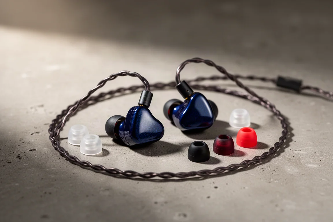 Compact in-ear monitors with polished blue faceplates on a matte concrete surface