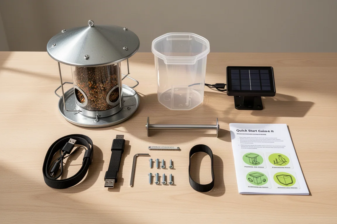 Komponenten eines Smart Bird Feeders auf einem Tisch mit Kurzanleitung und Montagezubehör