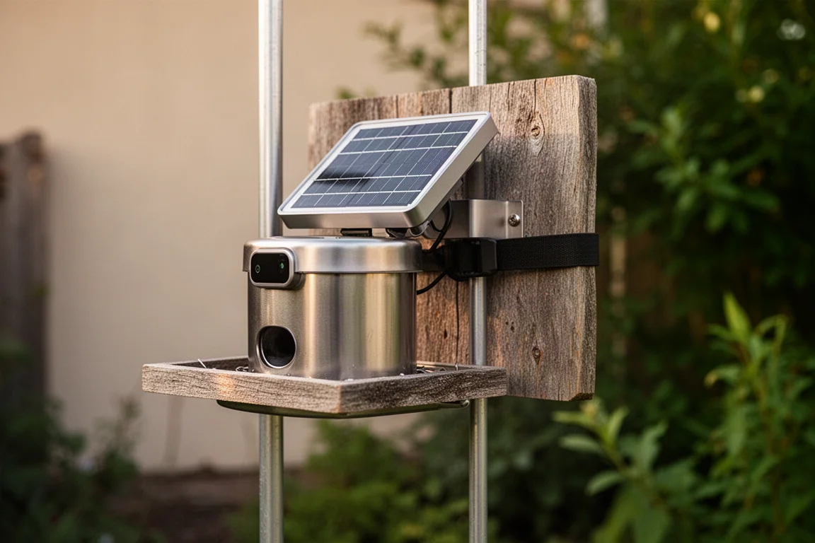 Smart Bird Feeder auf einem Holzbrett an einer Metallstange im Garten mit einem Eichhörnchenabwehrhalter
