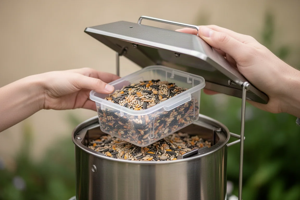 Herausnehmbares Futtersilo wird zum Befüllen aus einem Smart Bird Feeder gehoben