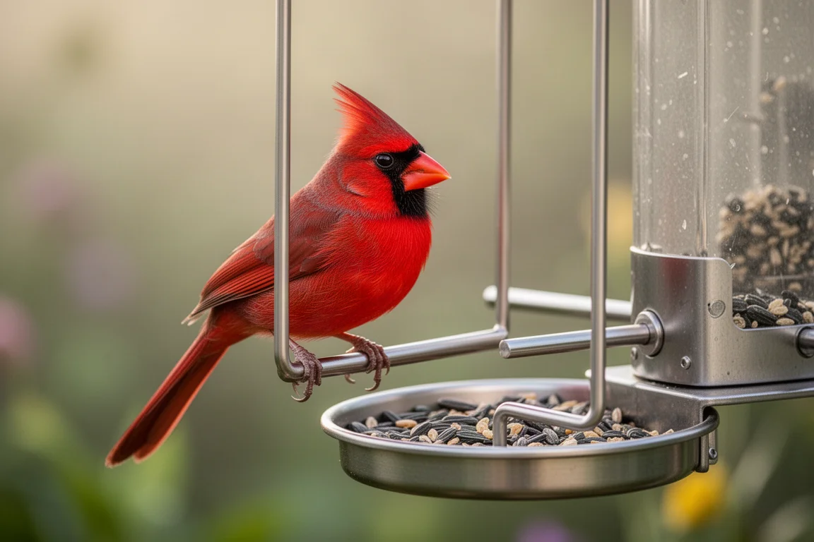 Ein Rotschwanzkardinal auf einer Sitzstange des Smart Bird Feeders, aufgenommen von der Kamera des Feeders