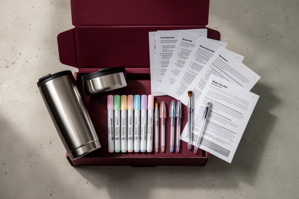 Otwarte bordowe pudełko subskrypcyjne z markerami, długopisami i kubkami travel mug rozłożonymi na stole