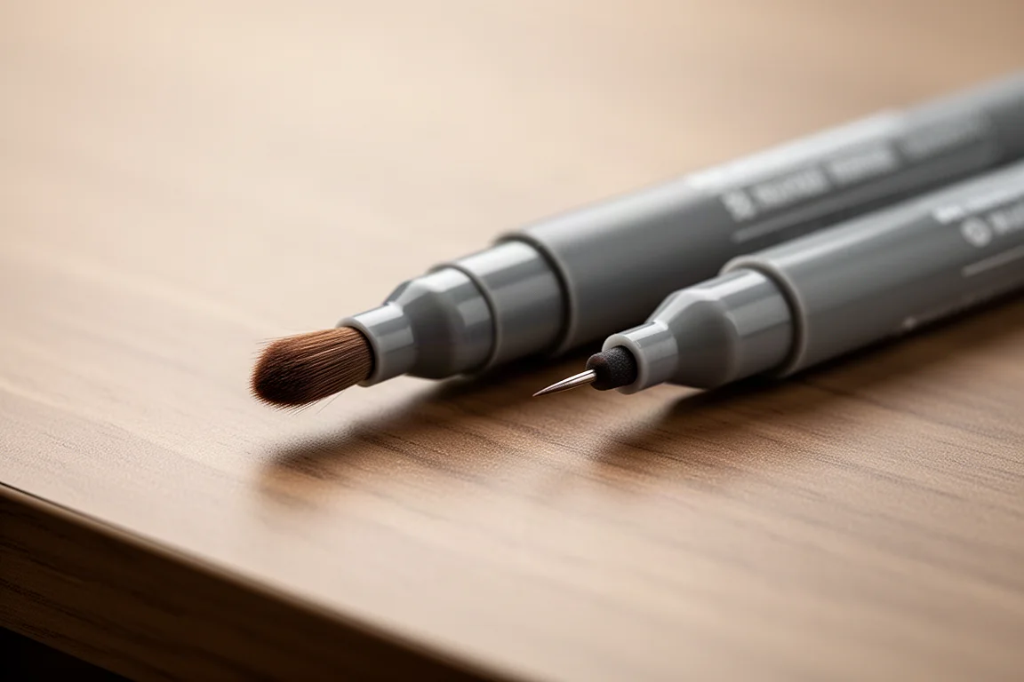 Marker brush z podwójną końcówką, z cienkim pisakiem i pędzlem, na drewnianym biurku