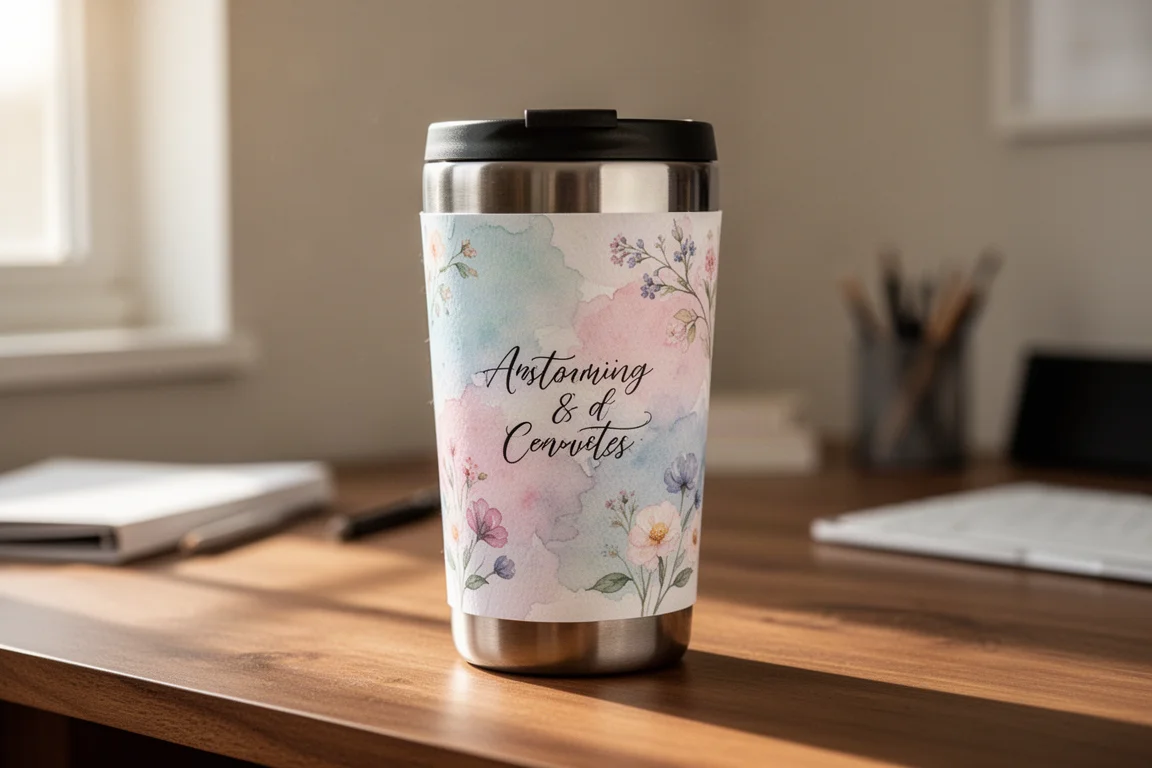 Gotowy kubek travel mug z ręcznie zdobionym wzorem i motywem kwiatowym na biurku
