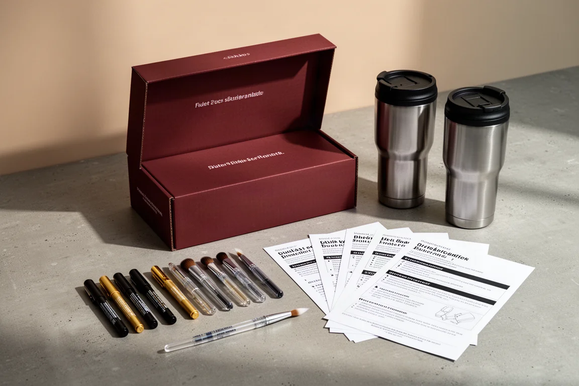Open maroon craft subscription box with travel mugs, markers, and instruction sheets