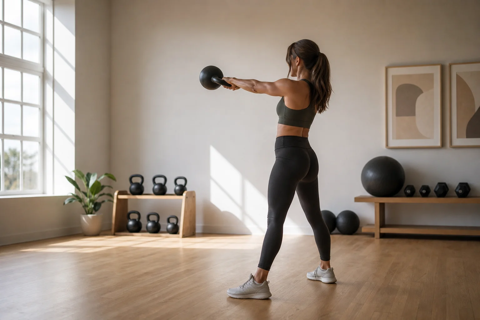 Persona che esegue uno swing con kettlebell in una palestra domestica luminosa con luce naturale