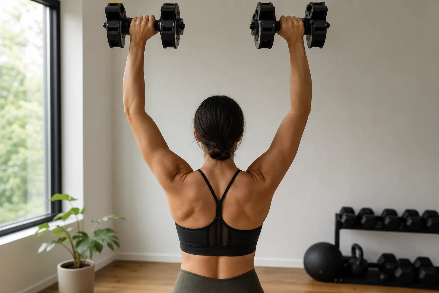 Persona che esegue un overhead press con manubri utilizzando l'unità convertita in una palestra domestica