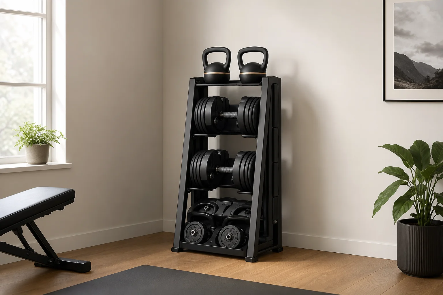 Set di kettlebell e manubri Kiynbld riposto verticalmente in un angolo di una palestra domestica