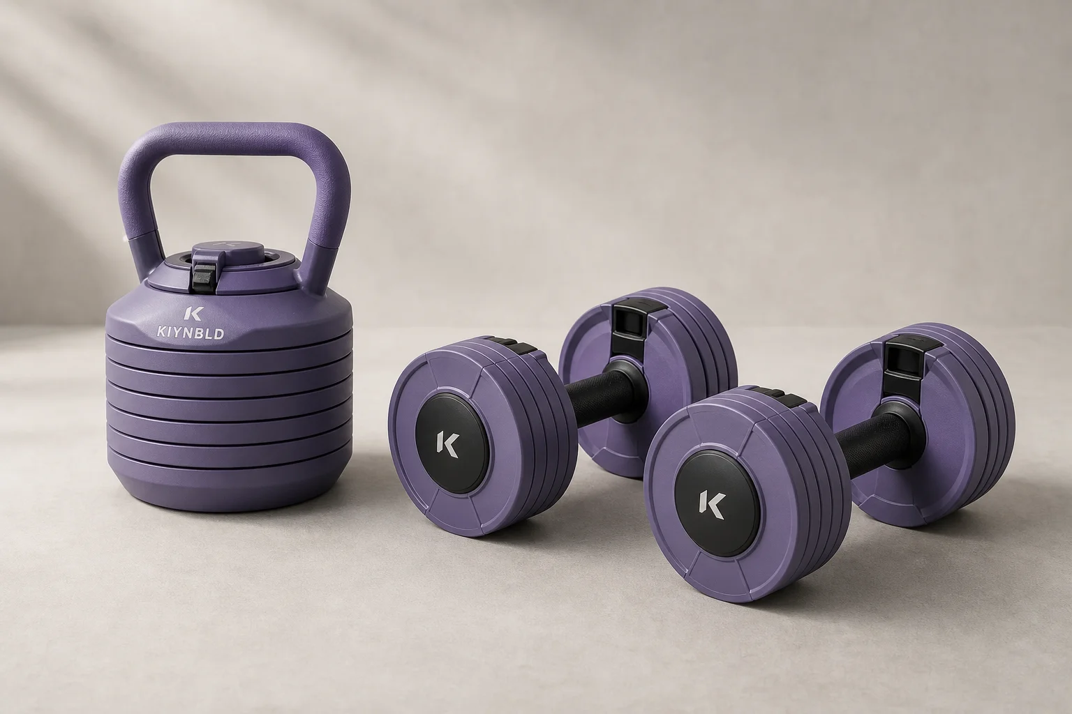 Set di manubri e kettlebell regolabili Kiynbld nelle configurazioni sia kettlebell che manubrio
