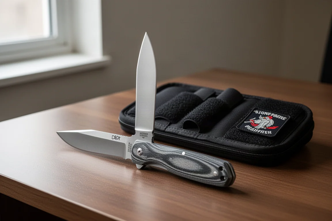 Couteau de poche pliant avec tall flat grind et manche en micarta sur un bureau en bois