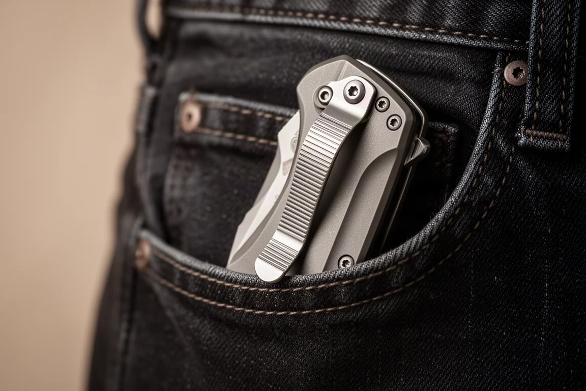 Clip de poche deep carry sur un couteau pliant presque entièrement dissimulé dans une poche de jean