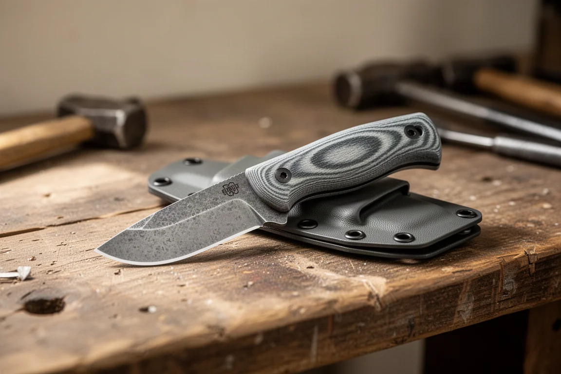 Lame fixe économique avec étui kydex de type taco posée sur un établi