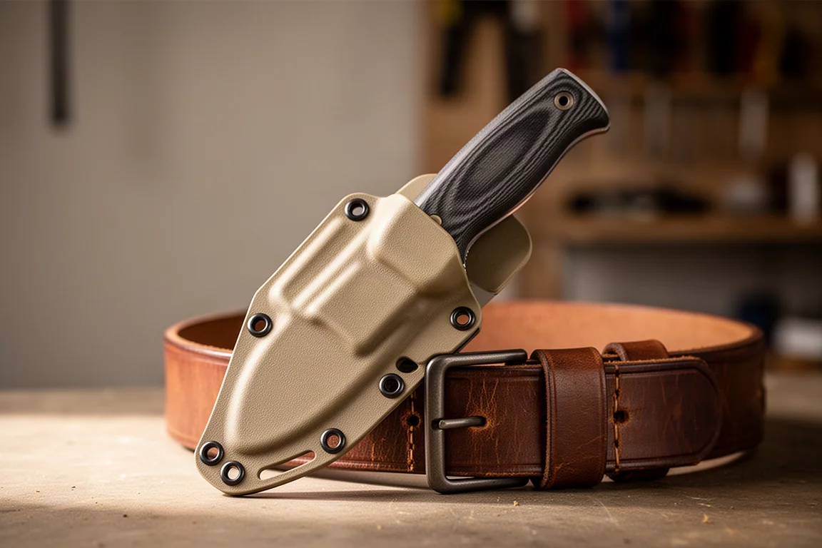 レザーベルトにタコスタイルのシースで収められたフィックスドBladeナイフ