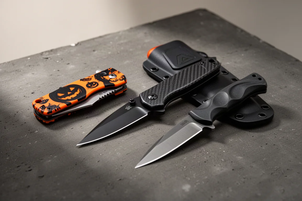 Three Kizer knives: Halloween Mini Grouper, Militt folder, and Militt fixed blade with sheath