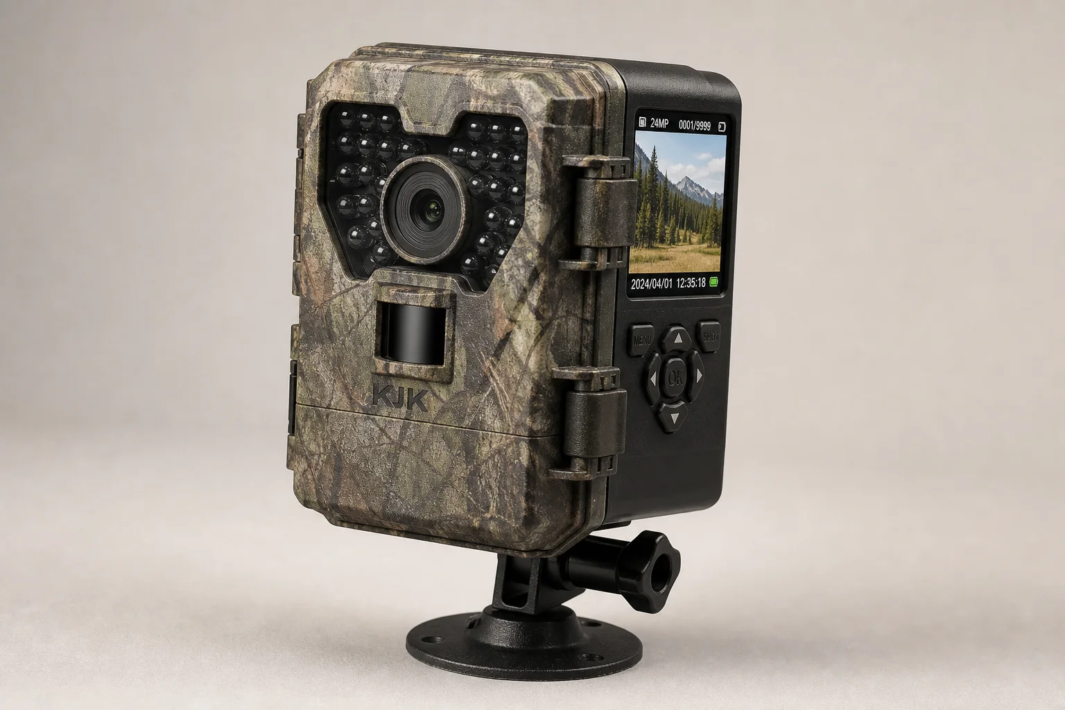 Five trail cameras in various designs arranged on concrete surface