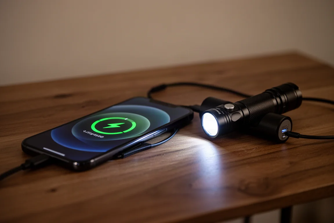 Smartfon ładowany z latarki przez kabel USB w nocy