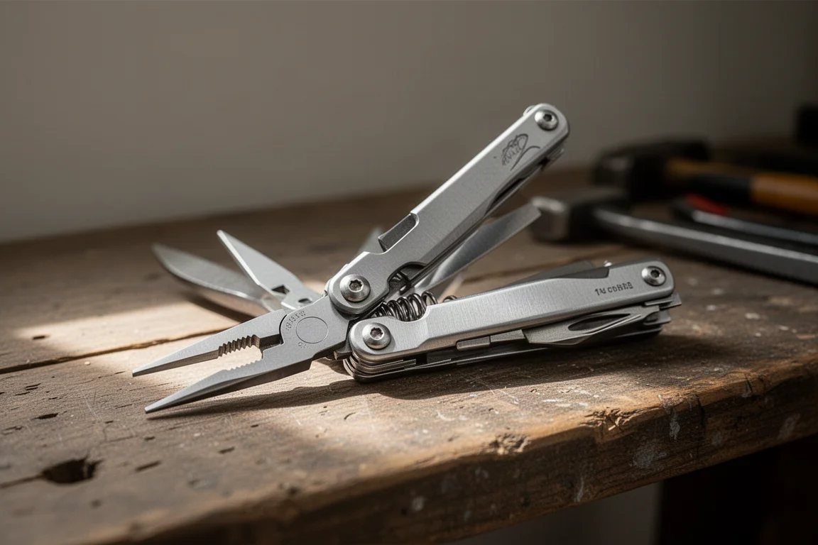 Budget-multitool open op een werkbank met uitgeklapte tangenkop