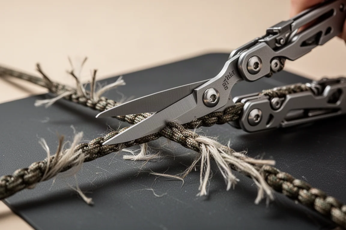 Schaartje van multitool snijdt paracord netjes door op een snijmat